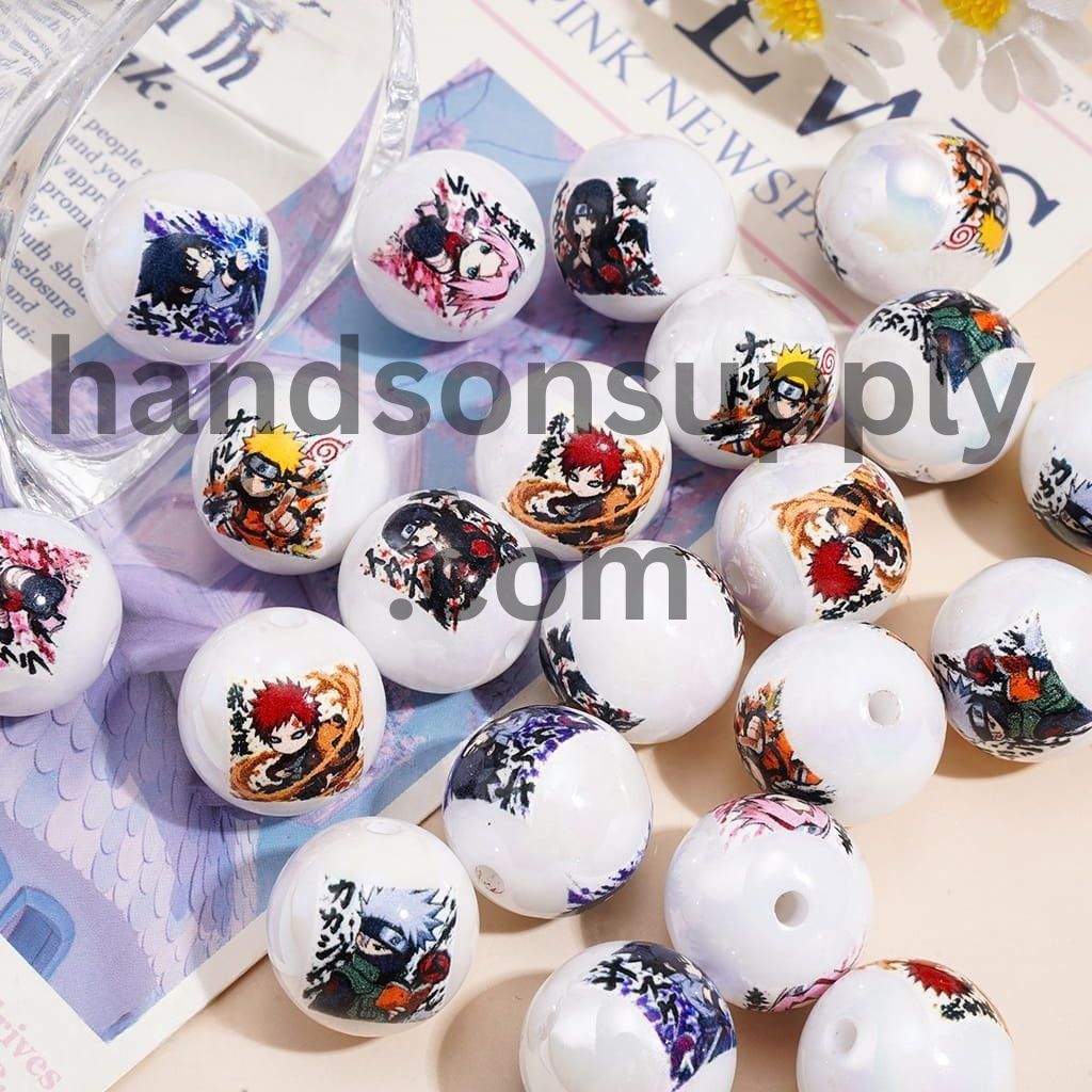 Fire Ninja Japanese Anime Character Series Glossy UV Coated Printed Round Acrylic Beads for Bracelets, 16MM, Random Mix