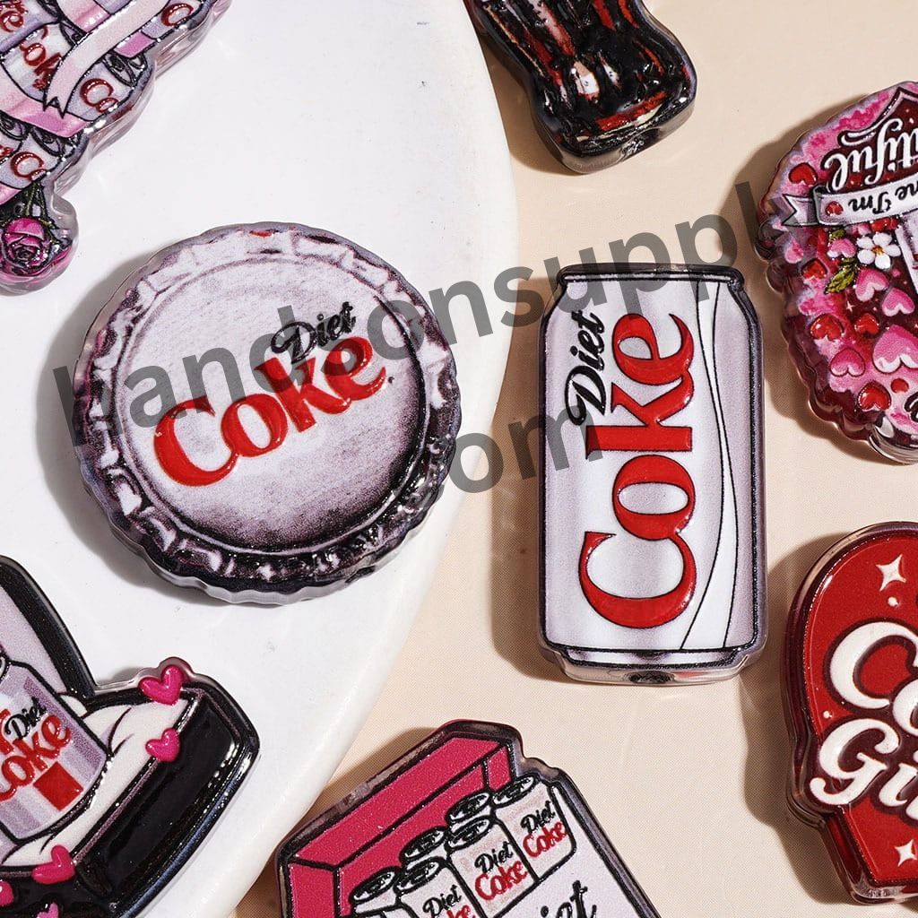 Canned and Bottled Soda Carbonated Soft Drink Printed Acrylic Beads, Assorted Shapes & Designs, Multi-Color, Random Mix