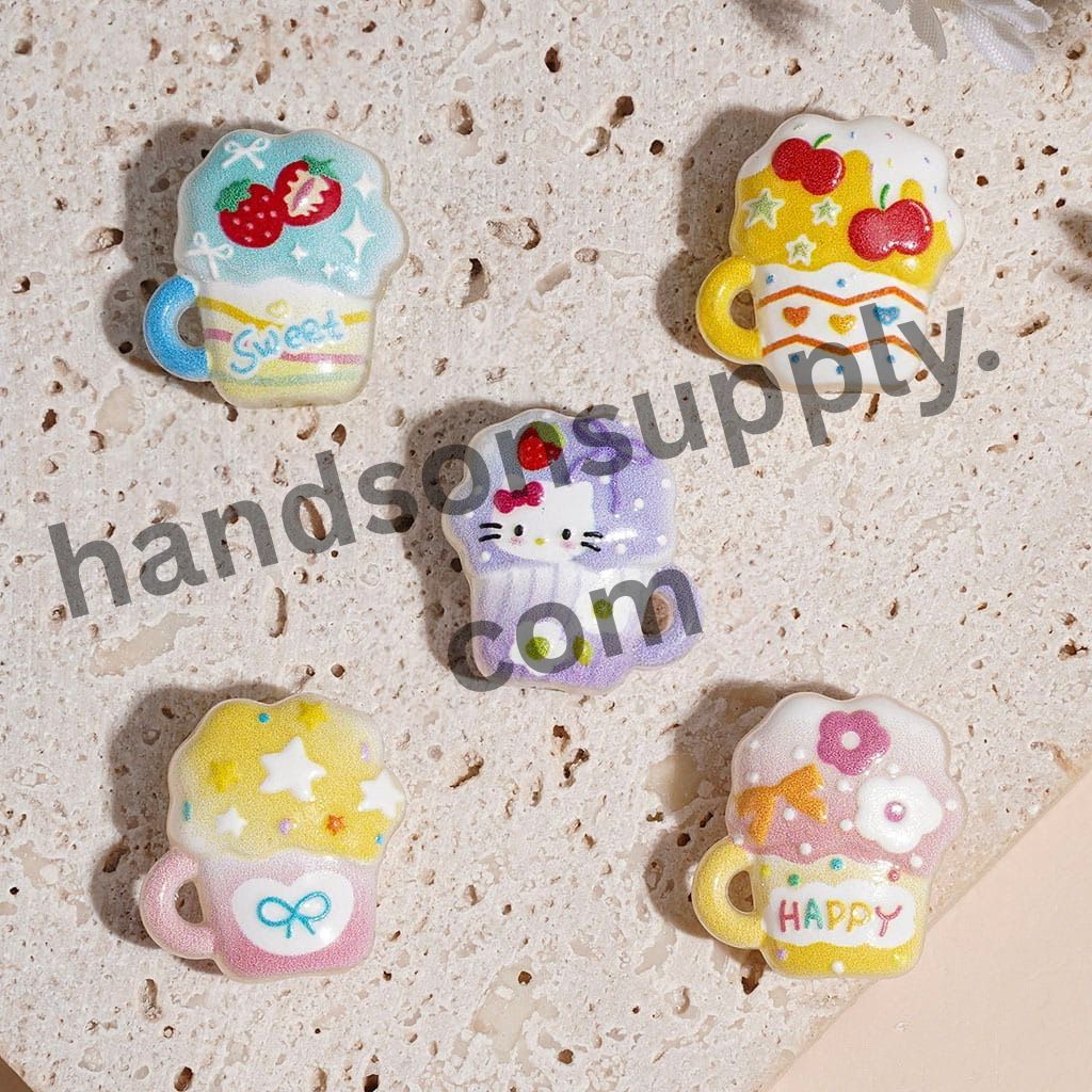 Cute Cartoon Mug Cup with Cat, Strawberry, Cherry, Flowers & Happy Theme, Acrylic Beads, 18*19MM, Multi Designs Random Mix