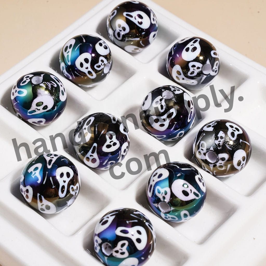 UV Coated Halloween Theme Printed Acrylic Beads for Bracelets, Ghost, Bat, Pumpkin & Haunted House Round Beads, 20MM, Multi Colors Random Mix