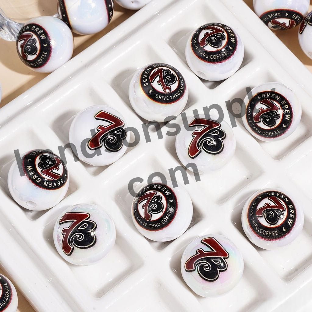 UV-Coated White Pearl Coffee Theme Round Acrylic Beads for Bracelets, 16MM, Random Mix
