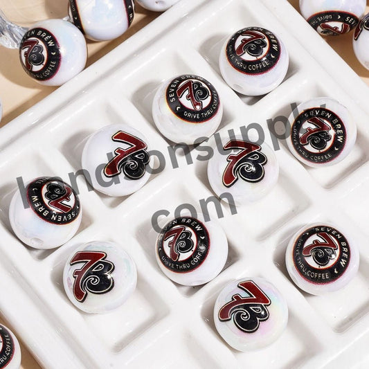 UV-Coated White Pearl Coffee Theme Round Acrylic Beads for Bracelets, 16MM, Random Mix