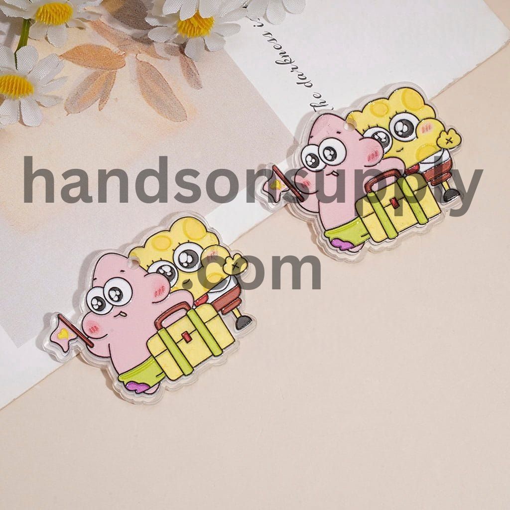 Cute Pink Starfish and Yellow Sponge Character with Travel Bag and Flag Design Hanging Loop Acrylic Charms & Pendant, 46*35MM