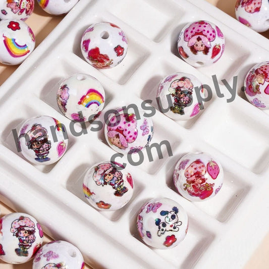 Cute Cartoon Rainbow Dog Berry Girl Character Printed White Background Round Acrylic Beads for Bracelets 16MM, Random Mix