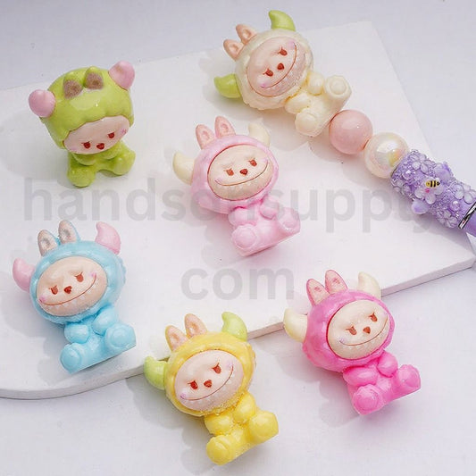 Cute Labub Pop Mart Cow Bull Costume Pendants Pen Topper Acrylic Beads, 47*36MM, Random Mix
