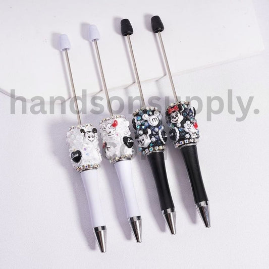 Cute Mickey Minnie Mouse Head Beadable Pen with White Pearls & AB Rhinestones Black & White