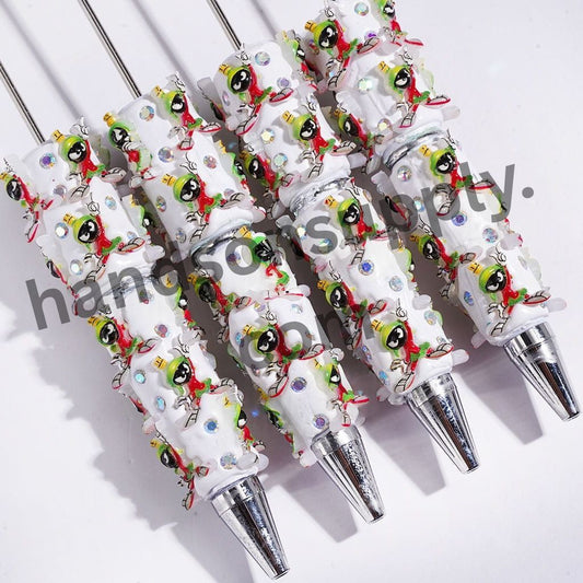 Martian Alien Character with Green Helment and AB Rhinestone, Beadable Clay Pens