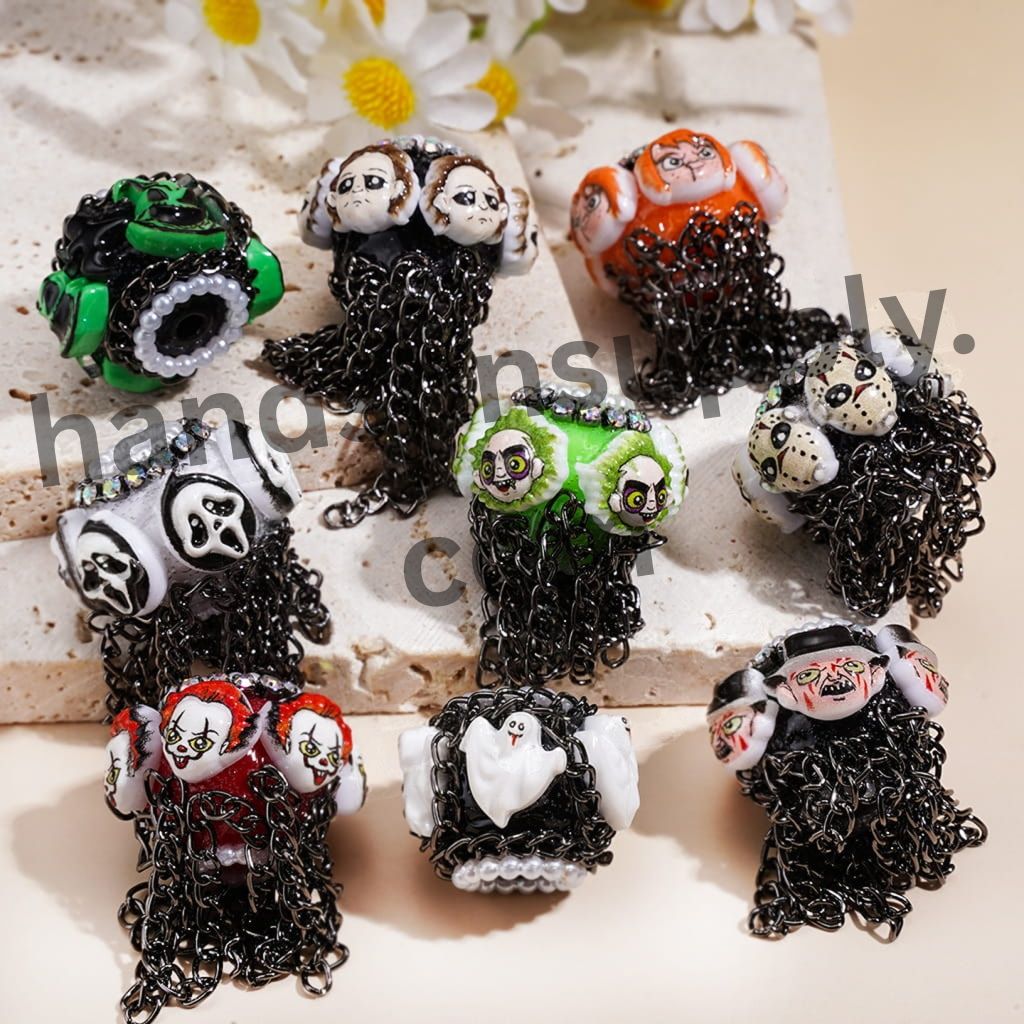 Horror Character with Black Tassel Chains White Pearls & AB Rhinestones Handmade Acrylic Beads
