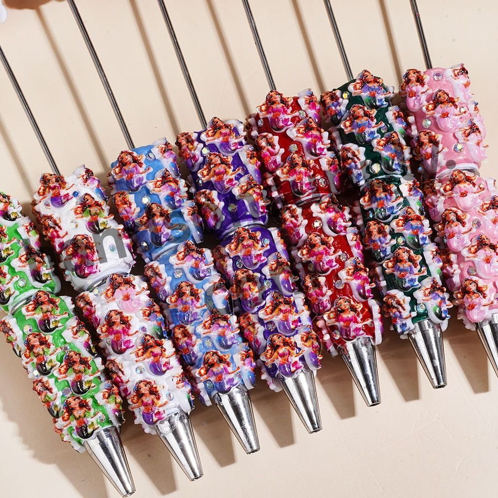 Cute Mermaid Princess Character Printed Clay Beads with AB Rhinestones, Assorted Colors, Random Mix