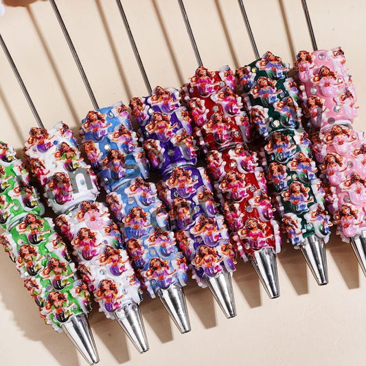 Cute Mermaid Princess Character Printed Clay Beads with AB Rhinestones, Assorted Colors, Random Mix
