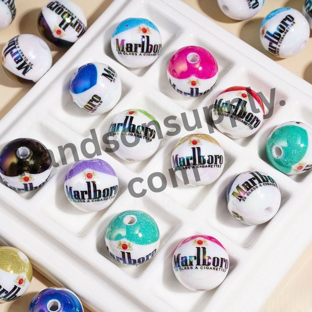 UV-Coated Cigarette Pack Printed Round Acrylic Beads for Bracelets,16MM,Various Colors Random Mix