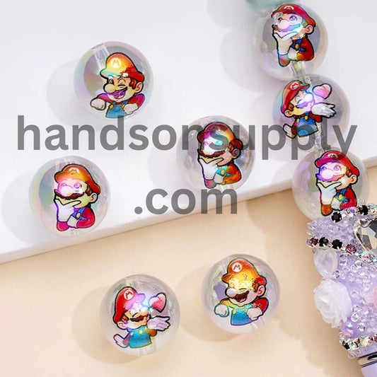 Clear Round UV Coating Acrylic Beads with Plumber Character, Random Mix, 16MM