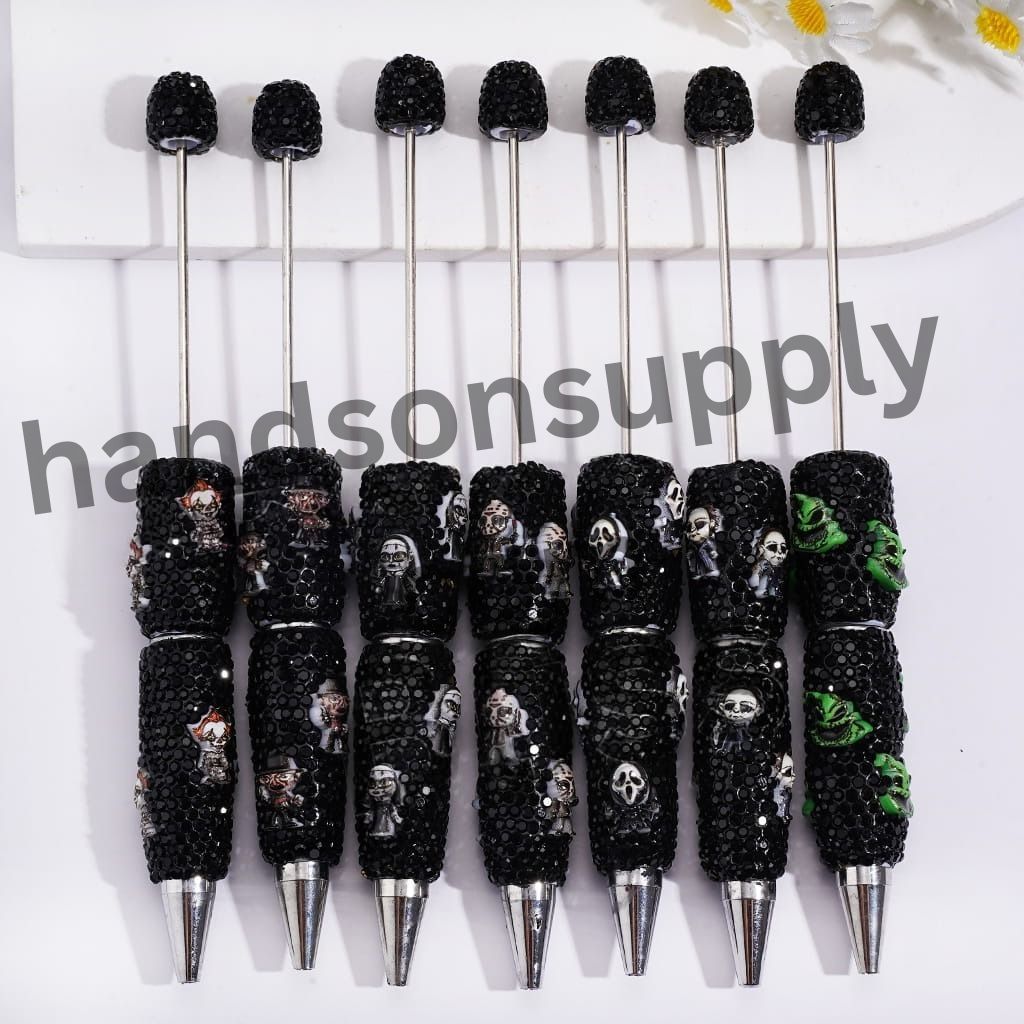 Spooky Horror Character Series with Sparkling Black Rhinestones, Halloween-Themed Beadable Clay Pens