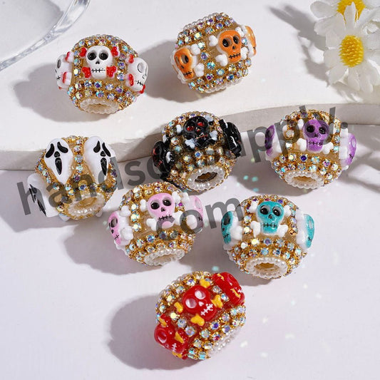 Halloween Horror Skull & Ghost Head Handcrafted Acrylic Beads with AB Rhinestones & White Pearl Chain, 22MM, Random Mix