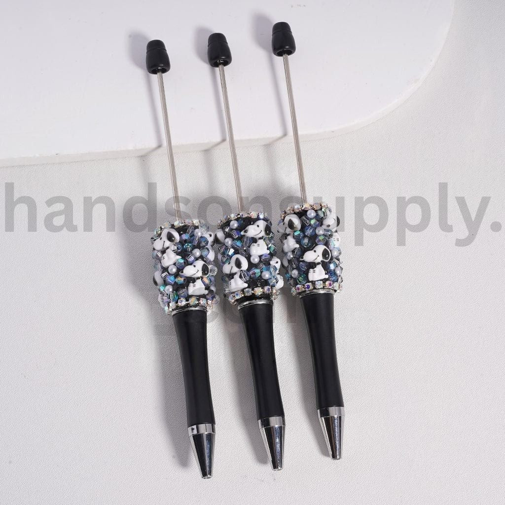 Cute Snoop with White Pearls, AB Rhinestones & Chains Black Base Beadable Clay Pen
