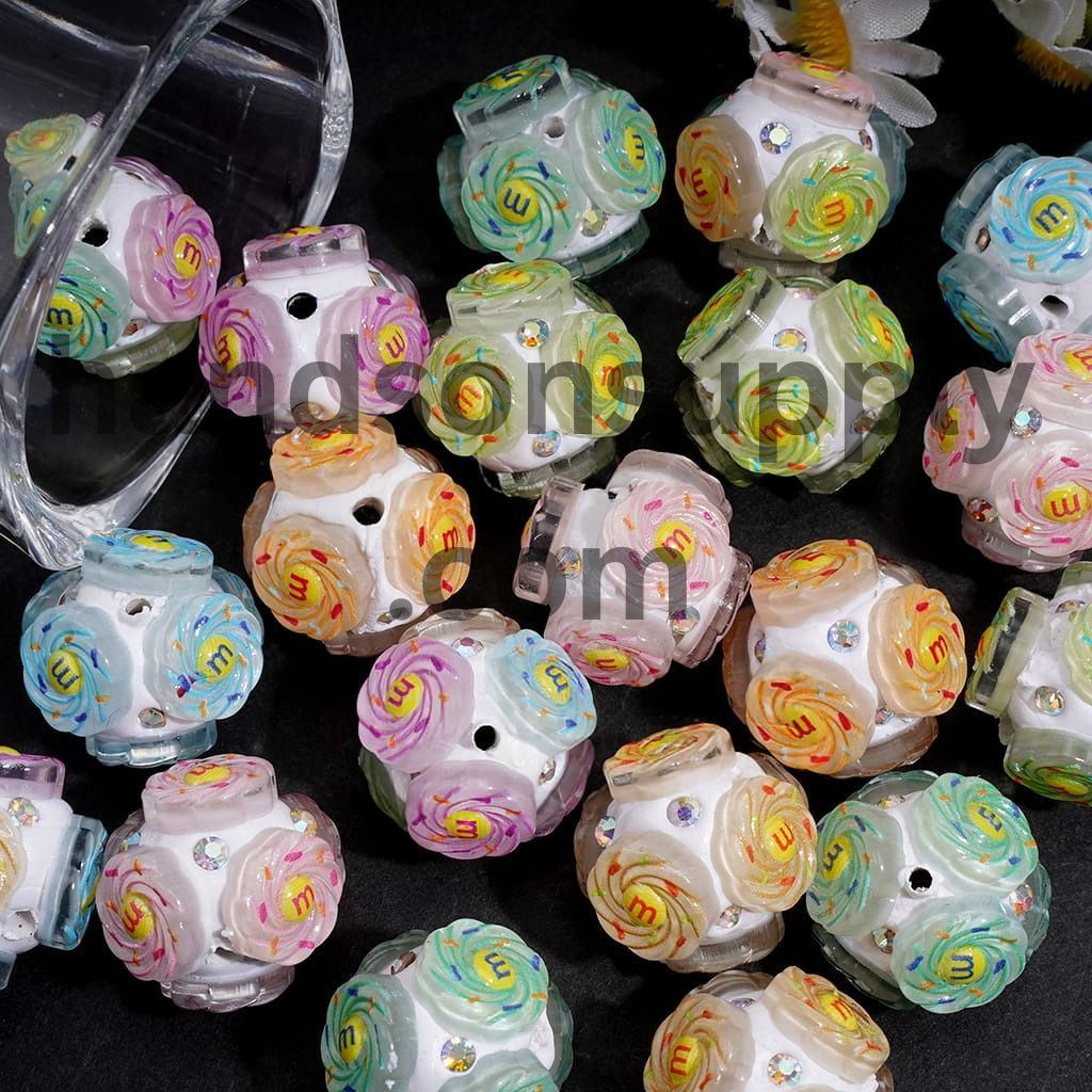 Swirl Candy Pattern Disc Design, AB Rhinestone, Round Handmade Clay Beads 18MM, Random Mix