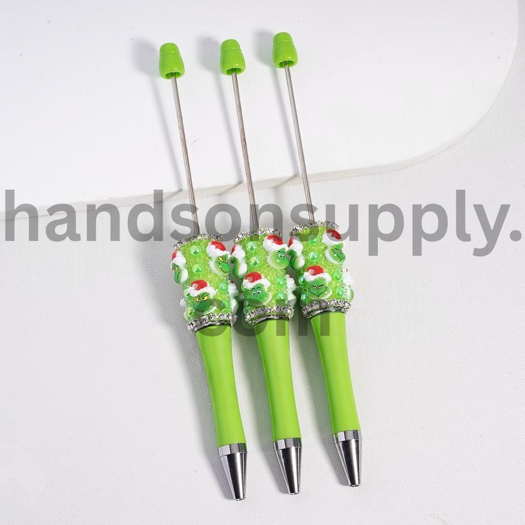 Green Monster Character Beadable Pen with Christmas Hat & Clear Rhinestone Chain