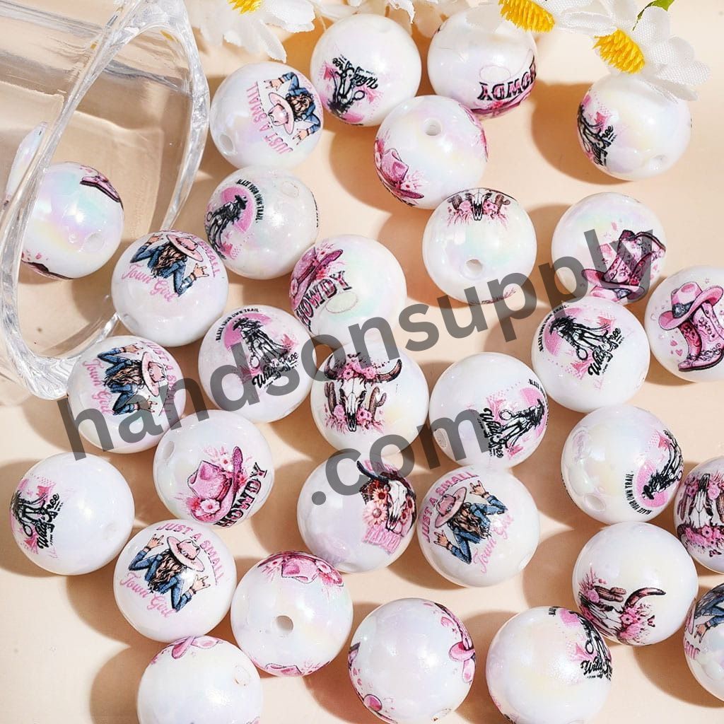 UV Coating Western Cowboys Pink Series Cowgirl Theme Printed Round Acrylic Beads for Bracelets 16MM