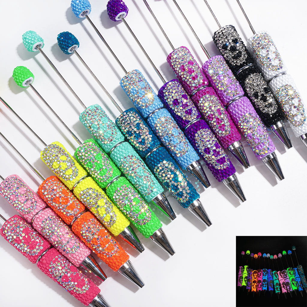 Halloween Skull Head Beadable Clay Pens with Full-Coverage Luminous AB Rhinestones, Multicolor