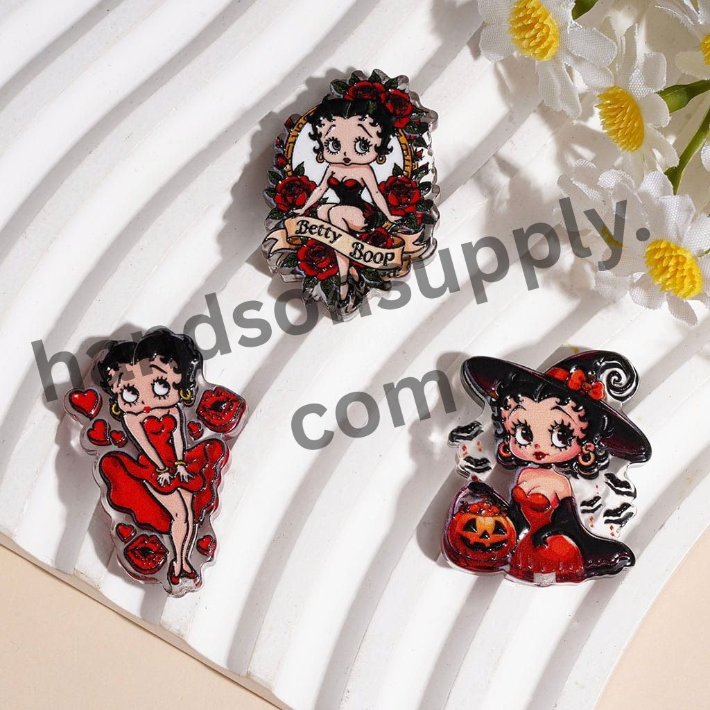 Vintage Betty Boop Cartoon Old Girl Character Halloween & Christmas Red Series Acrylic Beads, Various Shapes, Random Mix