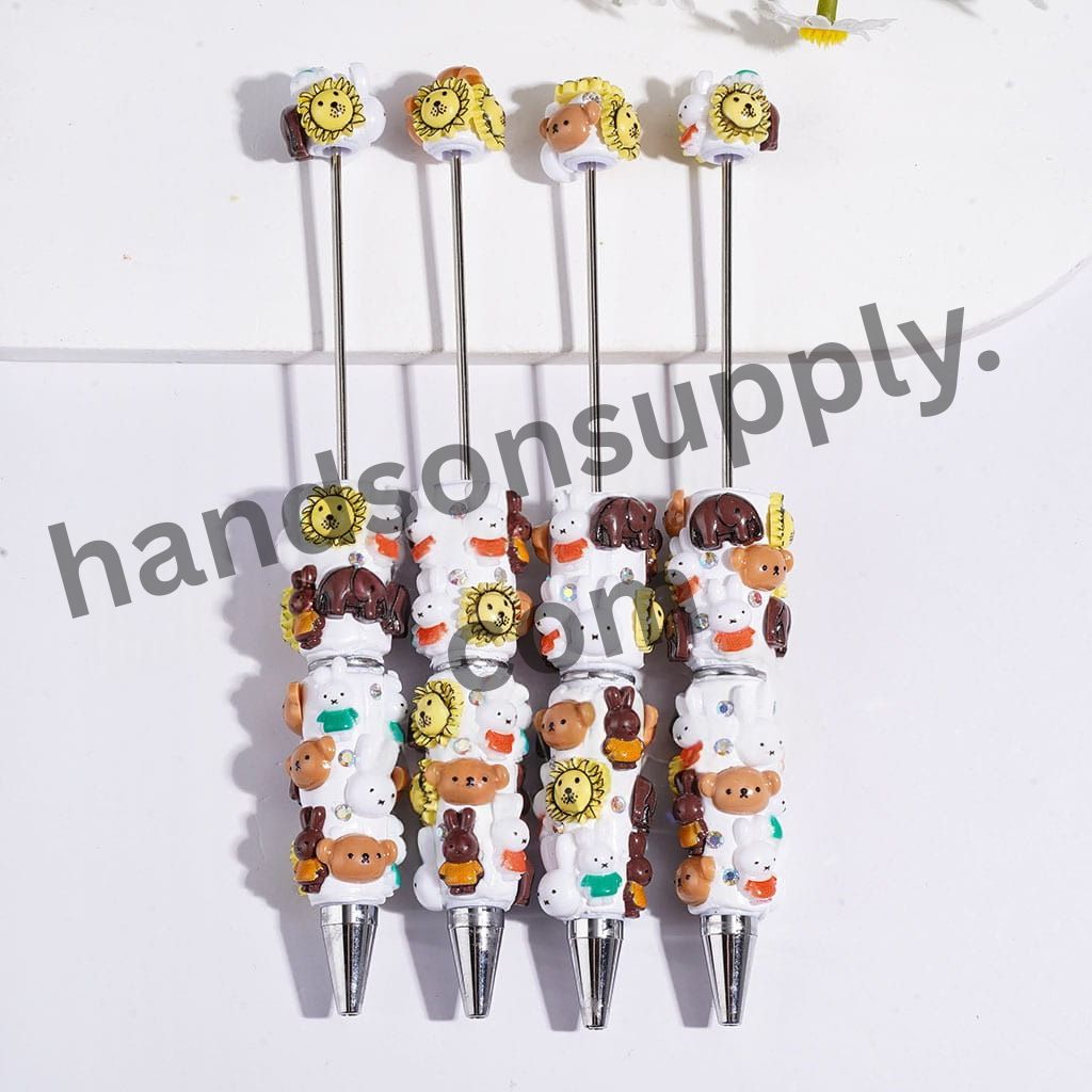 Cute Bear, Bunny & Sunflower Character Beadable Clay Pens with AB Rhinestones, Assorted Colors, Random Mix