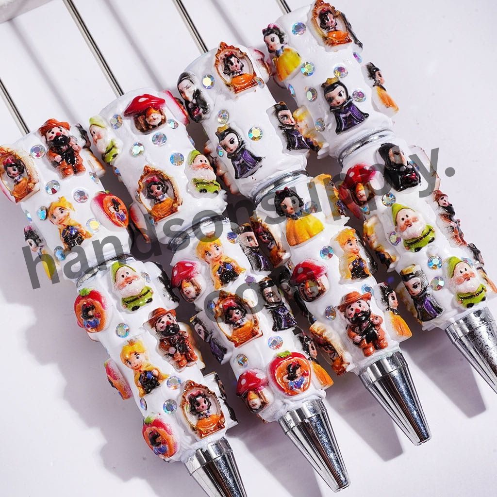 Cute Classic Princess & White Snow and Seven Gnome Elf Character Beadable Clay Pens with AB Rhinestone