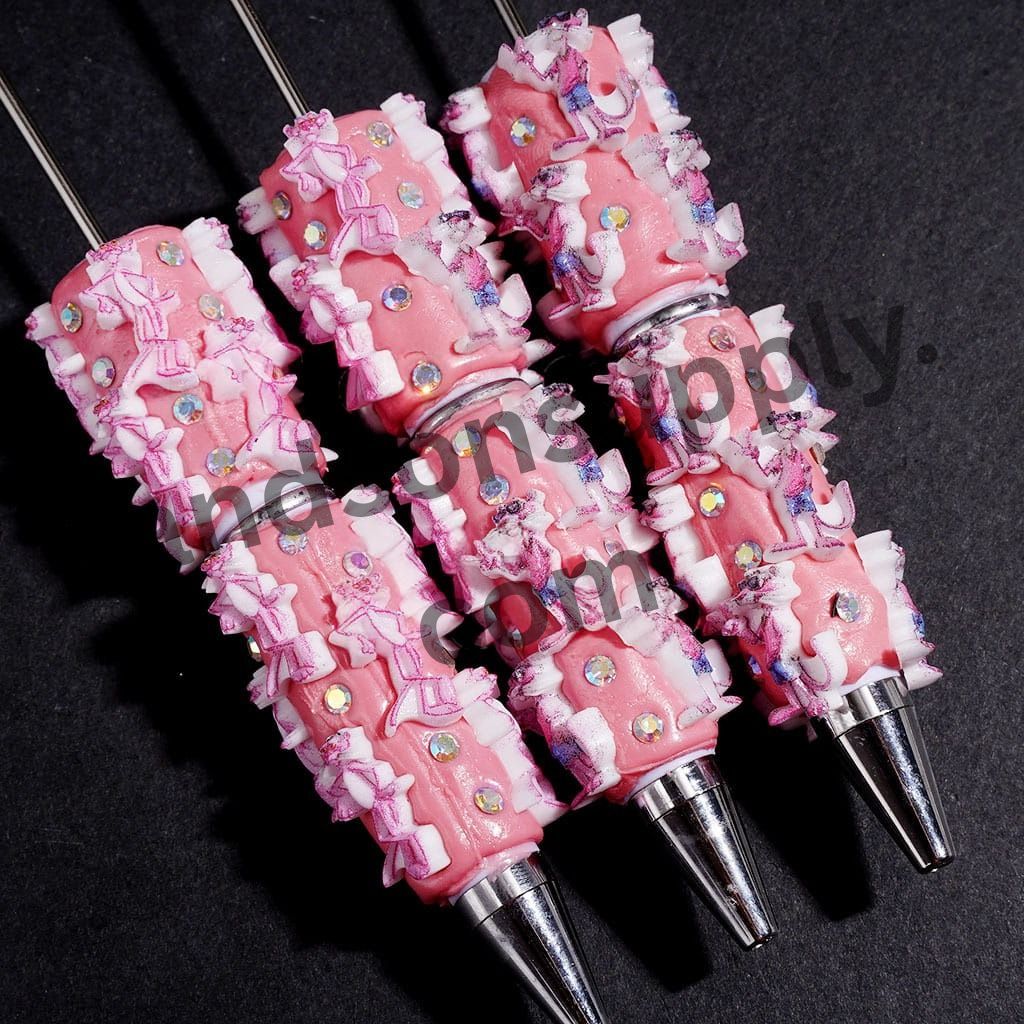 Pink Leopard Series Beadable Clay Pens with AB Rhinestone