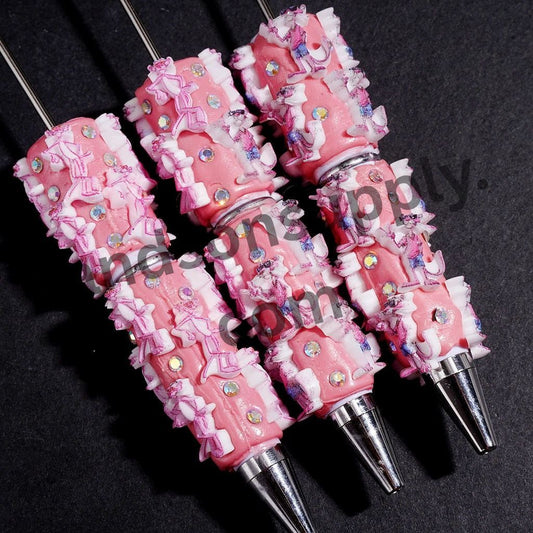 Pink Leopard Series Beadable Clay Pens with AB Rhinestone