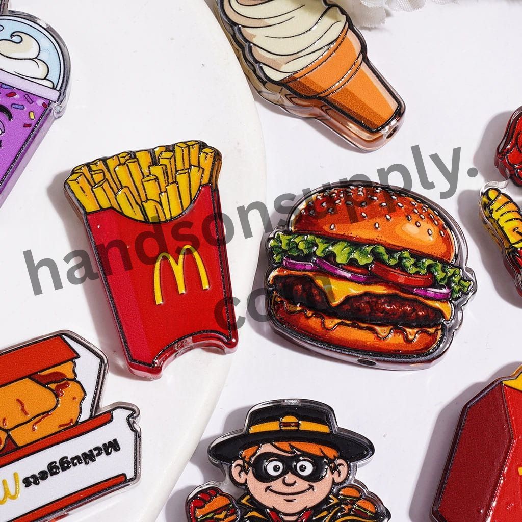 Hamburger, Soda Drink Cup, French Fries, Chicken Nuggets, Ice Cream, Clown & Fast Food Theme Acrylic Beads, Assorted Designs, Random Mix