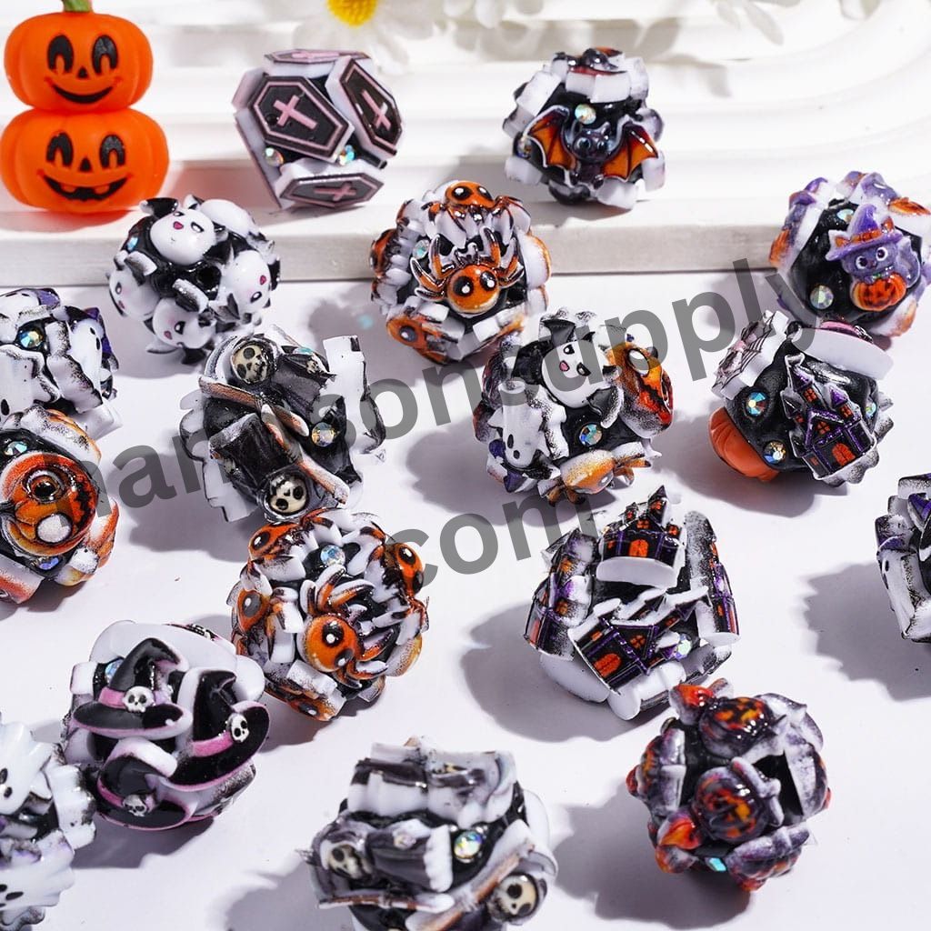 Halloween Horror Theme Clay Beads with Ghost, Pumpkin, Bat & Coffin Charms, 20MM, Multi Designs Random Mix