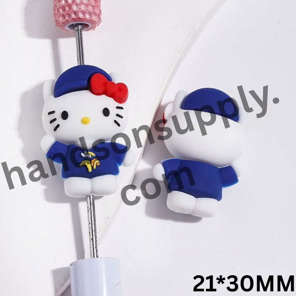 3D Sporty Minnesota American Football Team Logo with Cute Cat Character, Blue Cap & Red Bow Silicone Focal Beads, 21*30MM