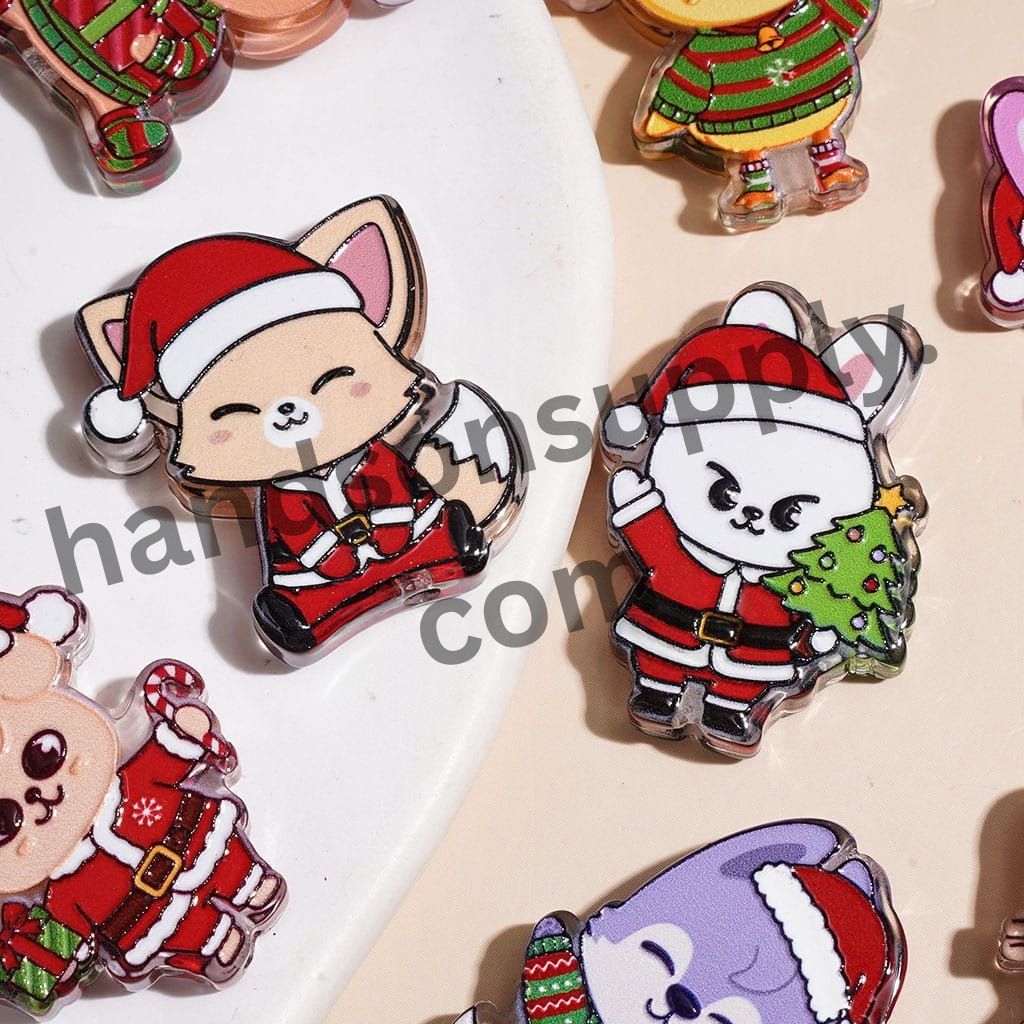 Cute Christmas Animal Character Acrylic Beads, Santa Costume, Reindeer & Holiday Series, Various Styles, Random Mix