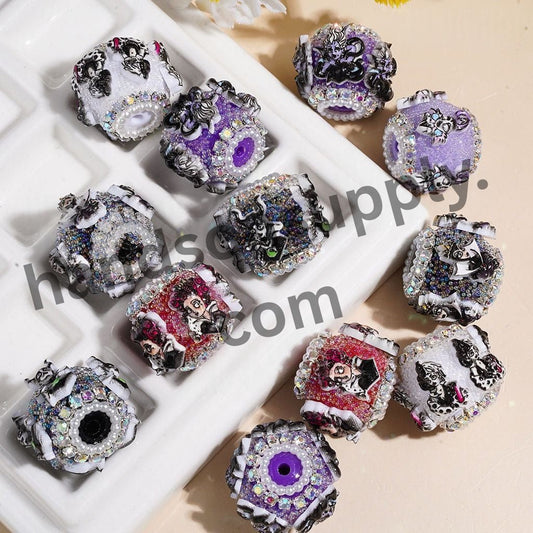 Gothic Cartoon Villain Characters & Tiny Iridescent Bubble Balls Handmade Acrylic Beads with Rhinestones & White Pearl Chains, 20MM, Multi-Color, Random Mix