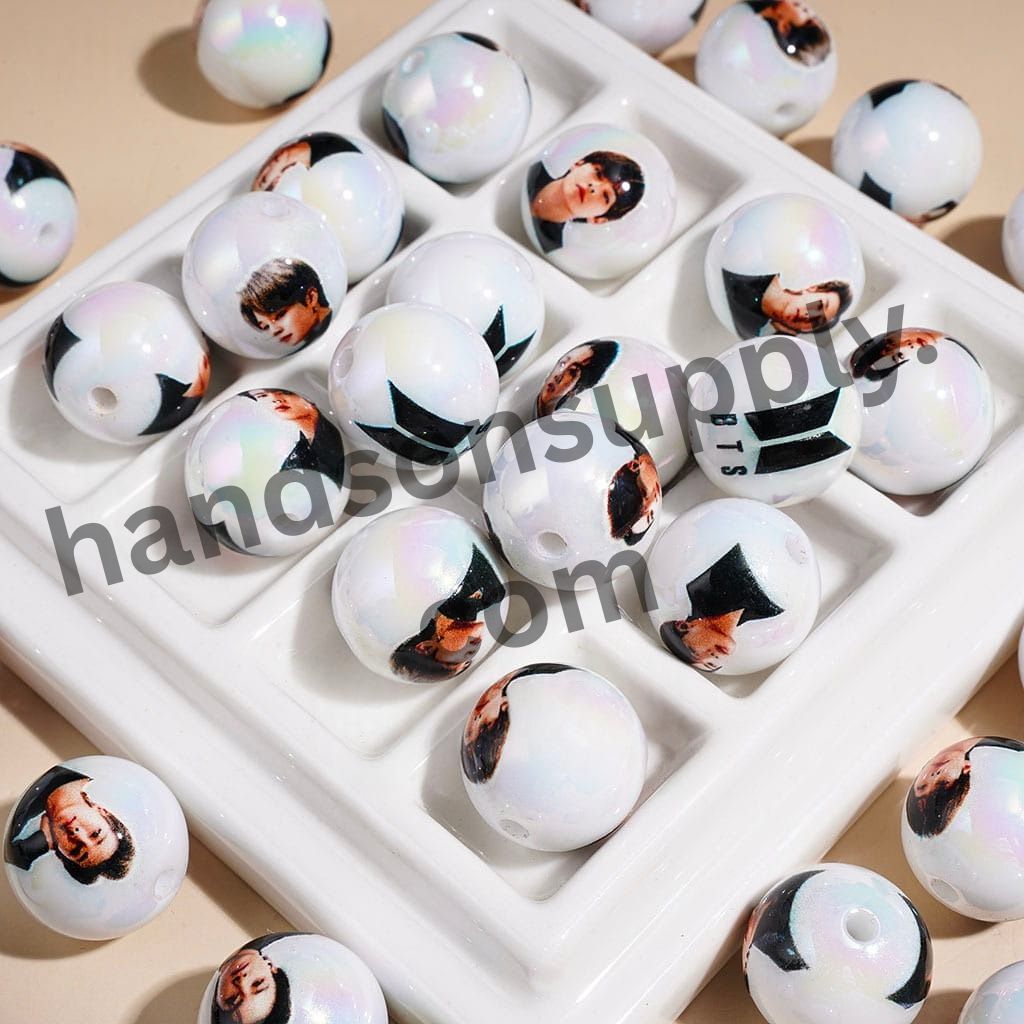 UV-Coated K-Pop Korean Boy Group Idol Character Image Print on White Round Acrylic Beads, 16MM Random Mix