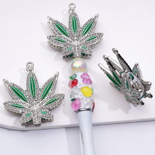 Silver Alloy Maple Leaf Clay Beads Fancy Decorated with Shiny Rhinestones, Around 48*44MM