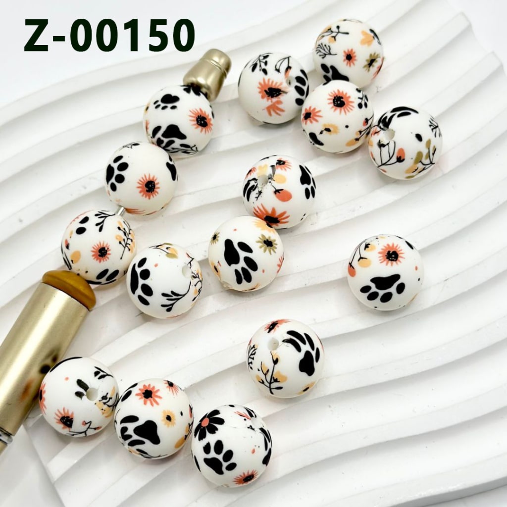 Flowers Black Paw Prints  Round Printed Colorful Mini Silicone Beads 15mm, Number Z-00150