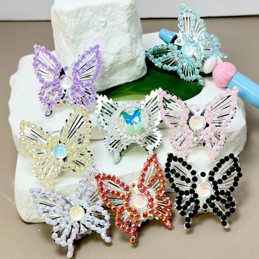 Silver Alloy Fancy Bling Bling Butterfly with Colorful Mini Rhinestones, White Pearls, and Colorful Mini Butterfly Rhinestone Clay Beads, Around 42*44mm.