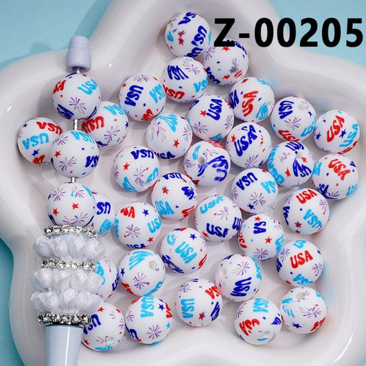 White Printed USA America Silicone Beads 15MM, Number Z-00205