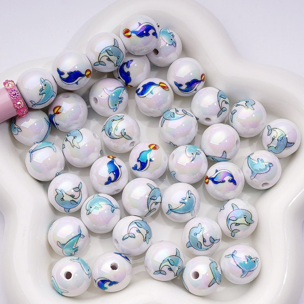UV Coating Acrylic Beads Cute Ocean Dolphins & Sea Creatures, 16MM Random Mix