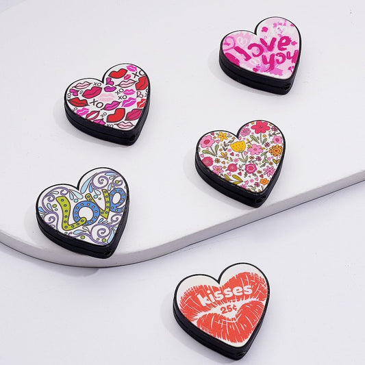 Heart-Shaped Silicone Focal Beads Love Theme Mix with Flowers & Kiss Motif