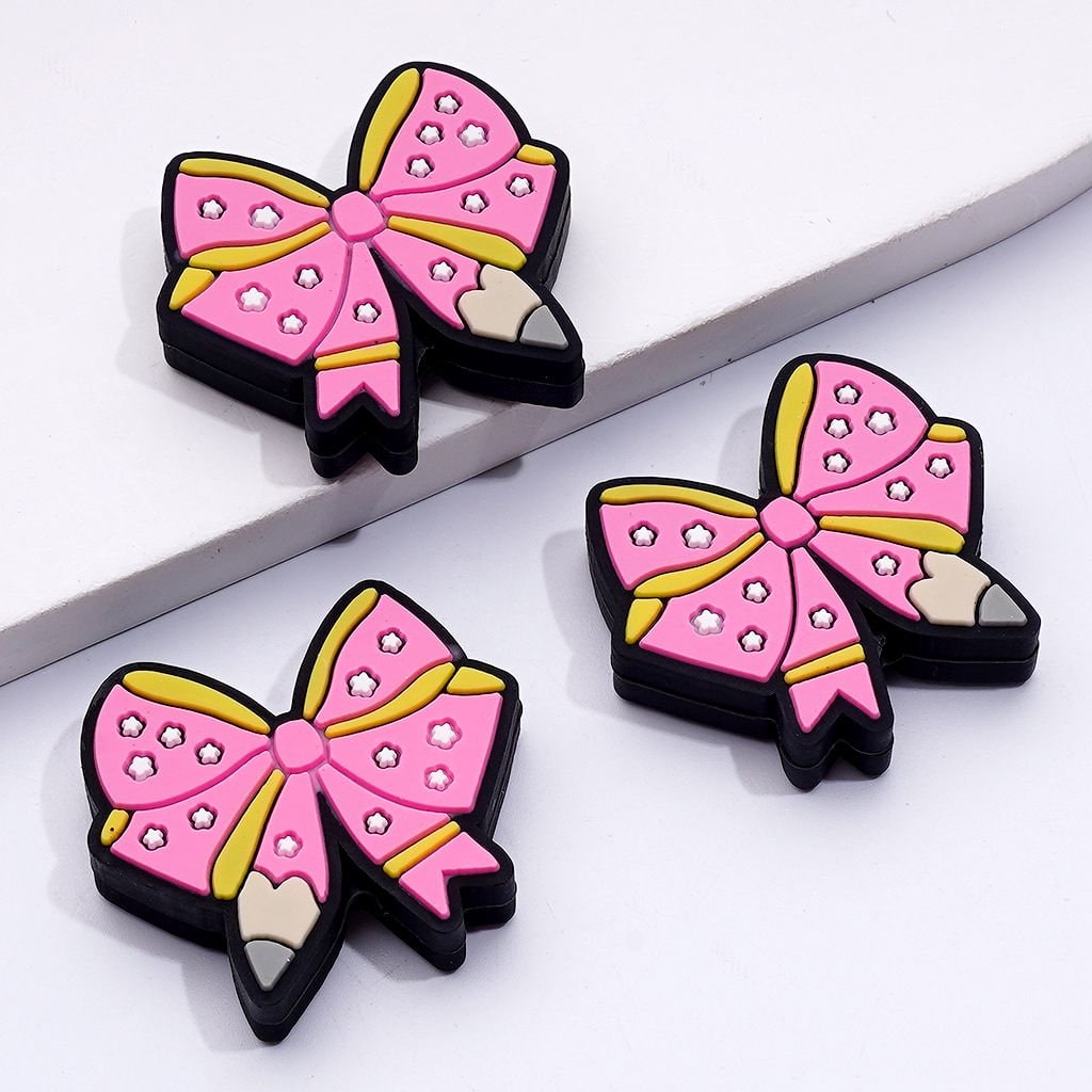 Adorable Pink Bowknots & Pencils with Mini White Stars – Teacher School Silicone Focal Beads