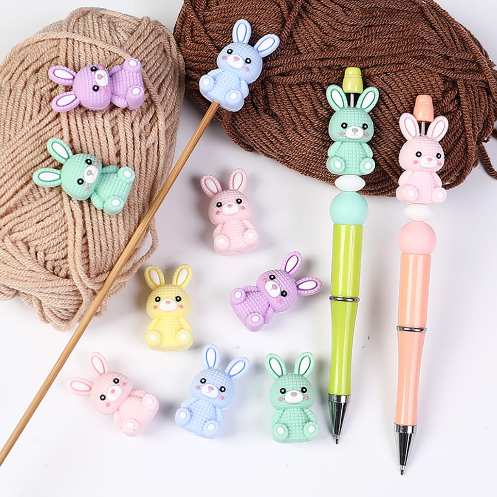 3D Knitted Style Bunny with Shy Expression Silicone Focal Beads, Height 35MM, Multi-Color