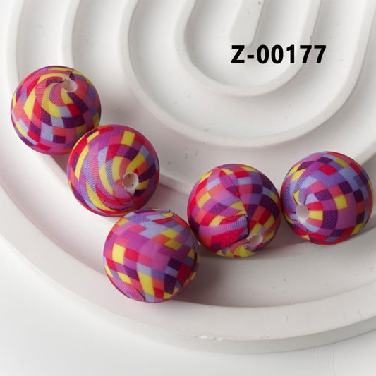 Checkers Design Round Printed Colorful Silicone Beads 15mm, Number Z-00177