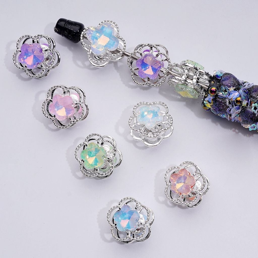 Elegant Silver Alloy Floral Beads with Five Petals & Vibrant Multi-Color Rhinestones, Approx. 17MM