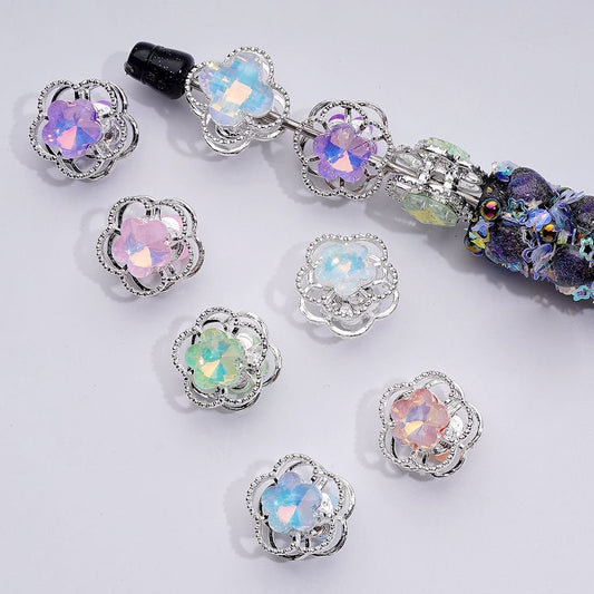 Elegant Silver Alloy Floral Beads with Five Petals & Vibrant Multi-Color Rhinestones, Approx. 17MM