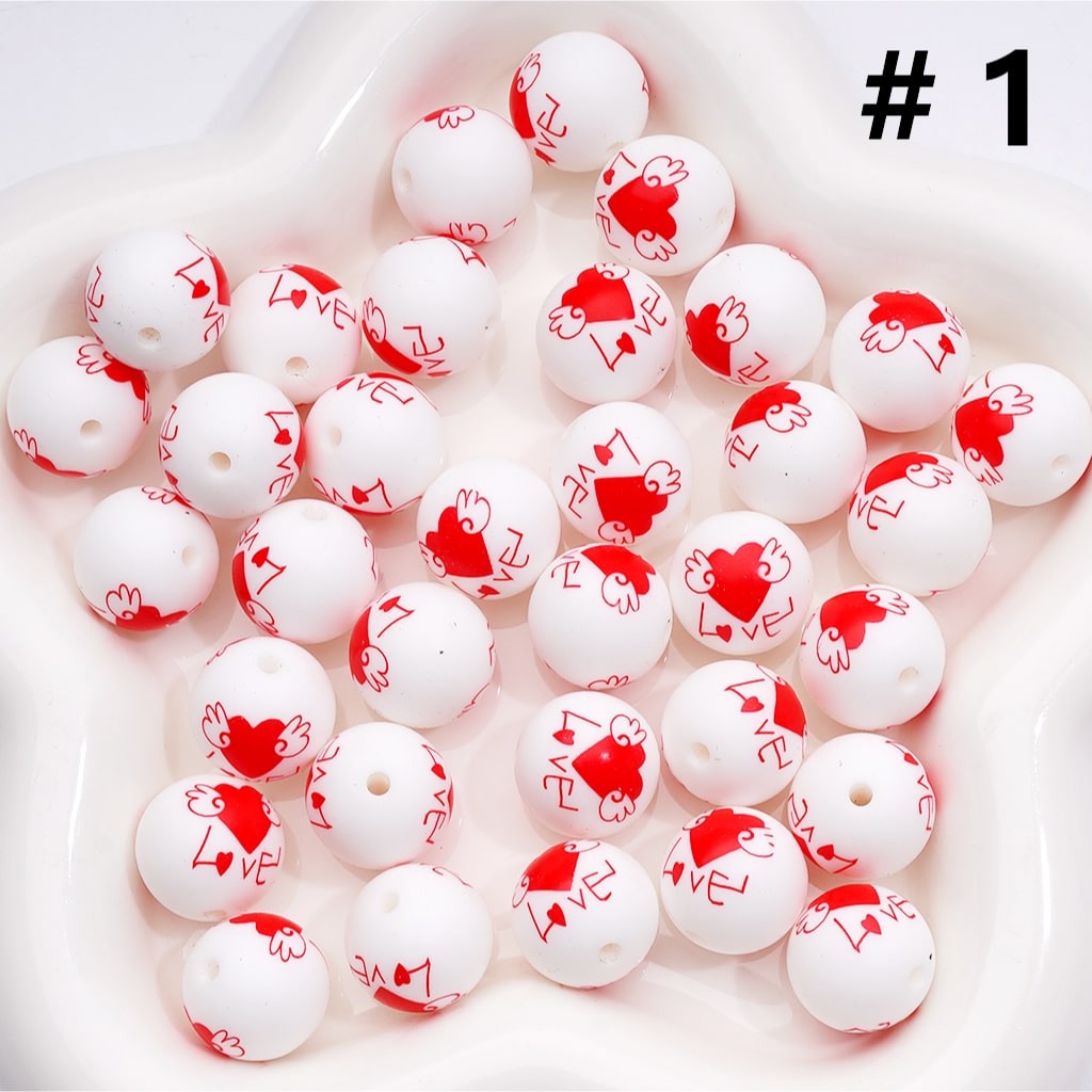 White with Red Love Heart Print Valentine’s Day Silicone Beads 15MM Numer Z-00282