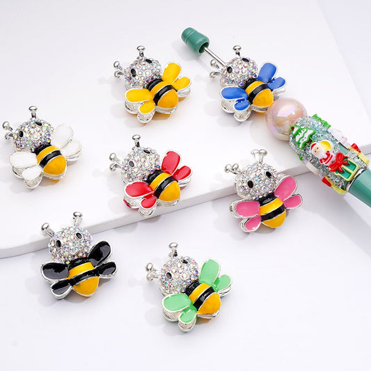 Fancy Bee Design with AB Rhinestones & Solid Color Wings Silver Alloy Beads 29×26MM