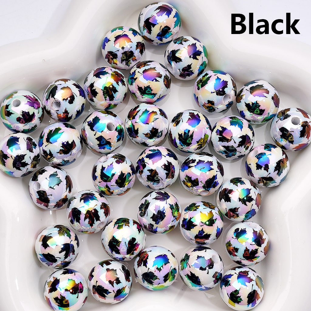 UV Coated Maple Leaf Print Multi-Color Round Acrylic Beads 16mm（Single Color is available for 200pcs(Whole Bag))