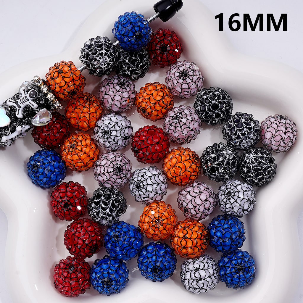 Halloween Beads in Solid Color, Clear Rhinestones Black White Spider Web Stripes Round Acrylic beads 16MM