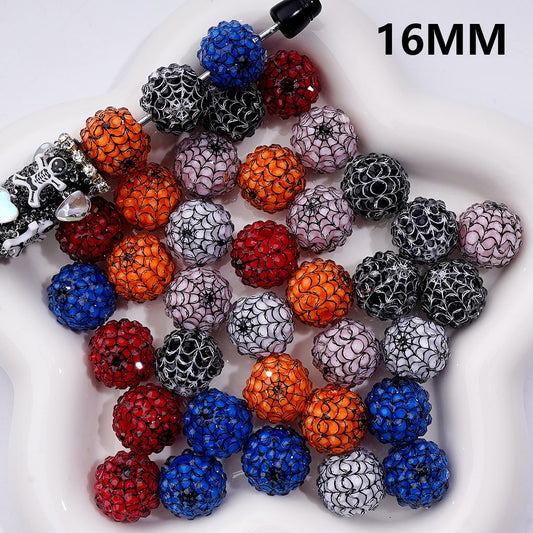 Halloween Beads in Solid Color, Clear Rhinestones Black White Spider Web Stripes Round Acrylic beads 16MM